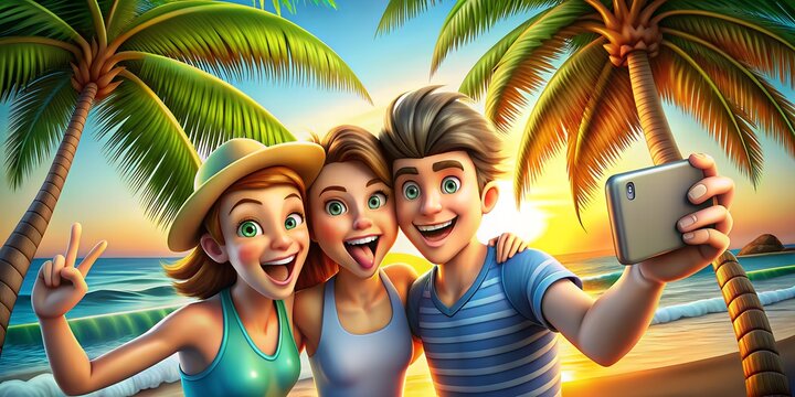Group of friends several painted people relax and take selfies on vacation on a tropical island