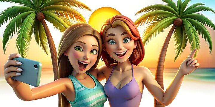 two teen girl friends relax and take selfies on vacation on a tropical island