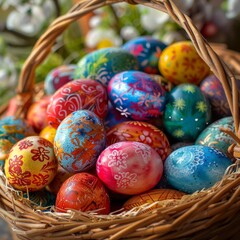 A Vibrant Display of Artistry: An Intricate Close-Up View of a Basket Brimming with Uniquely Dyed Easter Eggs, Highlighting the Diverse Techniques of Egg Dyeing