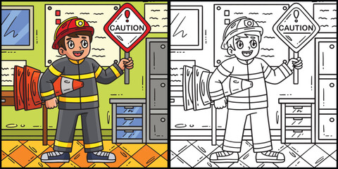 Firefighter with Safety Sign Coloring Illustration