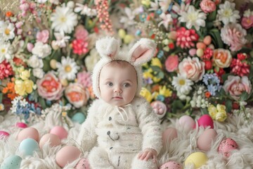 A Joyful Easter Morning Captured: An Adorable Baby Dressed in a Fluffy Bunny Onesie, Surrounded by Colorful Eggs and Spring Flowers