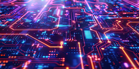 Obraz premium Futuristic digital circuit board background. Technological concept with glowing circuit traces and electronic components. Hi-tech design.