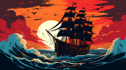 A vector image of a pirate ship with sails billowing.