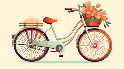 A vector image of a retro bicycle with a basket of flowers.