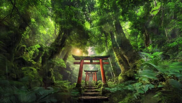Shrines in thick, rainy forest