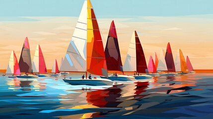 A vector image of a sailing regatta with colorful sails. - obrazy, fototapety, plakaty