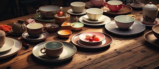 A close-up view of a wooden table filled with numerous plates and cups, each set on delicate saucers. The table is neatly arranged, showcasing a variety of kitchenware ready for use.