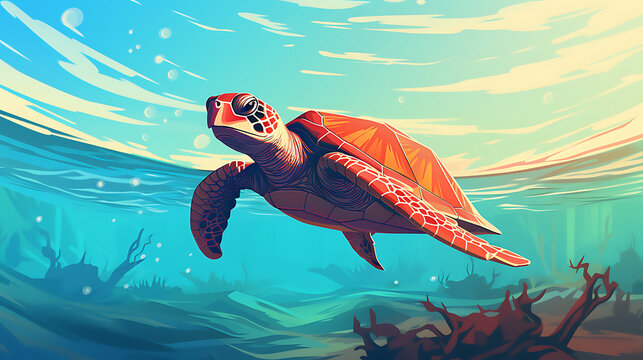 A vector image of a sea turtle swimming in the ocean.