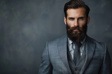 Obraz premium A man with a beard and a suit is standing in front of a wall