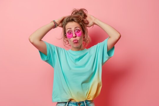 A woman with pink eyeshadow and a pink shirt is posing for a picture