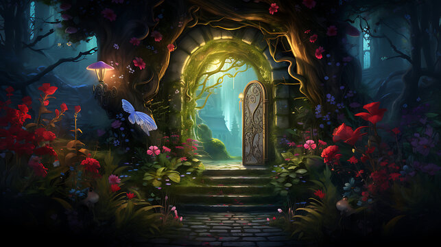 A vector image of a secret garden hidden behind a magical door.