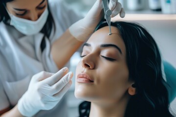Fototapeta premium A woman is getting her eyebrows waxed by a woman in a white lab coat