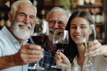 A man, a woman and a child are smiling and holding wine glasses