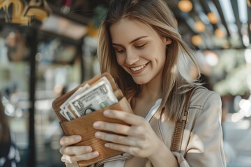 A woman is holding a wallet with a lot of money in it