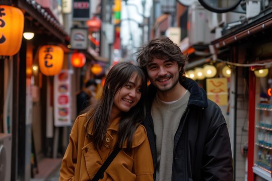 A couple is smiling and posing for a picture in a city street