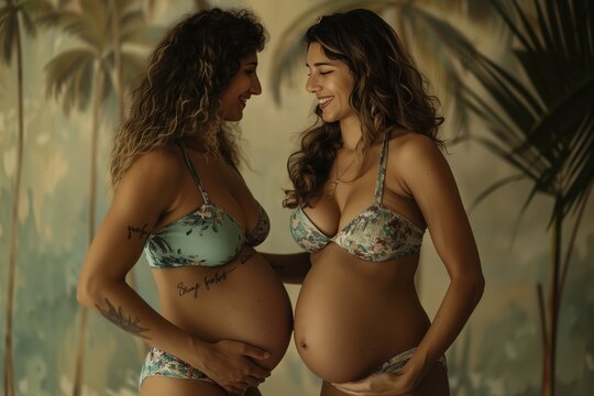 Two women are posing for a picture, one of them is pregnant