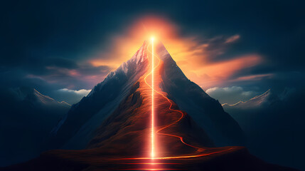 The road to success, the glowing light to the top, the future journey of the glowing mountain road - obrazy, fototapety, plakaty