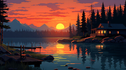 A vector image of a tranquil lakeside cabin at sunset. - obrazy, fototapety, plakaty