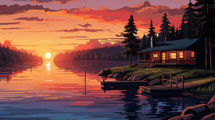 A vector image of a tranquil lakeside cabin at sunset.