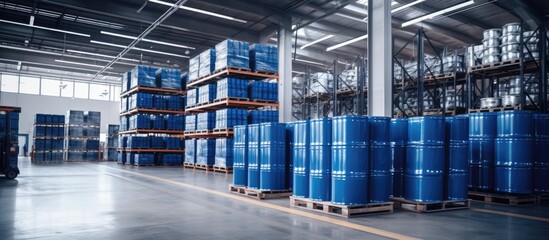 The image shows a vast warehouse space packed with rows of blue barrels stacked on pallets and multi-tiered racks holding boxes. The scene illustrates the storage and organization of goods in a - obrazy, fototapety, plakaty