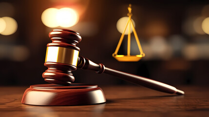 Close-up of gavel on judge's table with golden details symbolizing law, justice and court authority