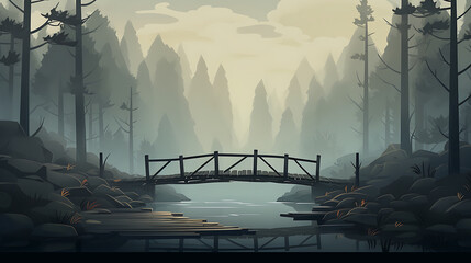 A vector image of a wooden bridge in a misty forest.