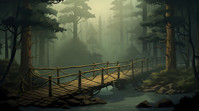 A vector image of a wooden bridge in a misty forest.