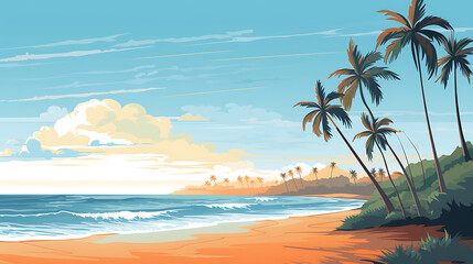 Fototapeta na wymiar A vector representation of a beach with palm trees.