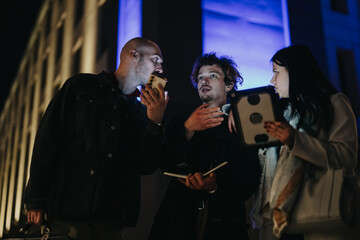 Entrepreneurs engaging in a late-night outdoor meeting, discussing over digital devices illuminated by screens.
