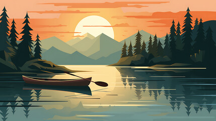 A vector representation of a canoe on a tranquil lake. - obrazy, fototapety, plakaty