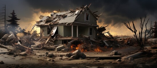 A house in the middle of a field is ablaze, with flames engulfing the structure completely. The fire has left a trail of destruction and devastation in its wake, with smoke billowing into the sky. - obrazy, fototapety, plakaty