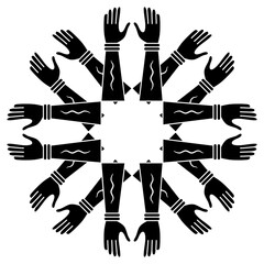 Round geometrical star shape mandala with human hands with open palms. Arm symbol. Black and white silhouette.