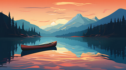 A vector representation of a canoe on a tranquil lake. - obrazy, fototapety, plakaty