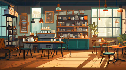 A vector representation of a cozy coffee shop interior.