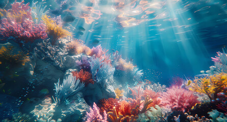 coral reef under the water and sun light reflection
