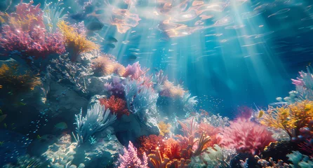 Fototapeten coral reef under the water and sun light reflection © Asep