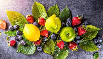 summer decoration concept made from summer leaves and spring fruit on dark background.