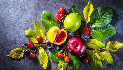 summer decoration concept made from summer leaves and spring fruit on dark background.