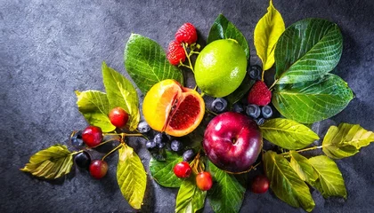 Foto op Plexiglas summer decoration concept made from summer leaves and spring fruit on dark background. © Turan