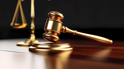 Close-up of gavel on judge's table with golden details symbolizing law, justice and court authority
