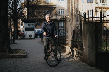 Fototapeta na wymiar Active senior man enjoying a sunny day bike ride in the city.