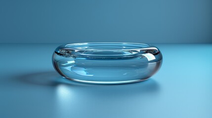 Round glass base for displaying products, transparent material, stands tall against a solid background. This creates a modern and simple composition.