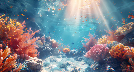 coral reef under the water and sun light reflection