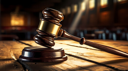 Close-up of gavel on judge's table with golden details symbolizing law, justice and court authority