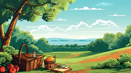 Tuinposter A vector representation of a picnic scene with a basket. © Tayyab
