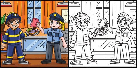 Firefighter and Policewoman Coloring Illustration