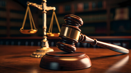 Close-up of gavel on judge's table with golden details symbolizing law, justice and court authority