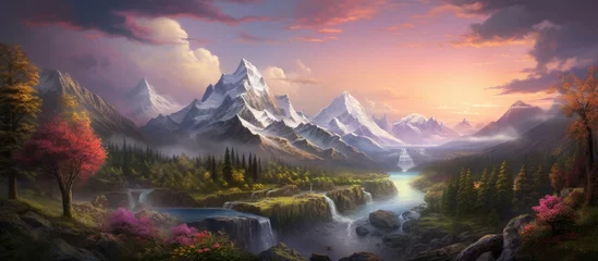 Deurstickers A painting showcasing a majestic mountain scene with a winding stream flowing through the landscape. Lush greenery, rocky cliffs, and a clear blue sky complete the serene setting. © Elture