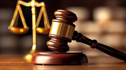 Close-up of gavel on judge's table with golden details symbolizing law, justice and court authority