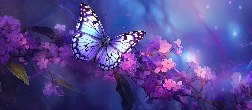 A purple butterfly perches delicately on a purple flower, its wings spread out elegantly against the backdrop of violet blooms. The butterfly seems to be enjoying the nectar and peaceful surroundings.
